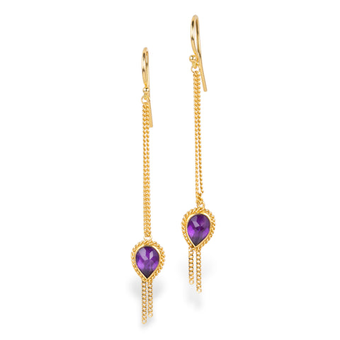 A pair of gold drop earrings with teardrop-shaped amethyst gemstones, shown against a plain white background.