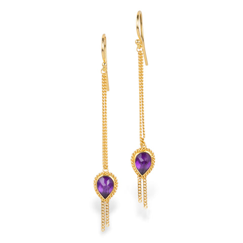 A pair of gold drop earrings with teardrop-shaped amethyst gemstones, shown against a plain white background.