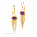 Gold earrings featuring vivid purple amethyst gemstones, shown against a white background.