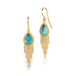 A pair of gold dangle earrings featuring teardrop-shaped apatite gemstones and cascading gold chain fringe, shown on a clean white background.