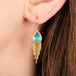 A pair of gold dangle earrings featuring teardrop-shaped apatite gemstones and cascading gold chain fringe, shown worn on a model's ear.
