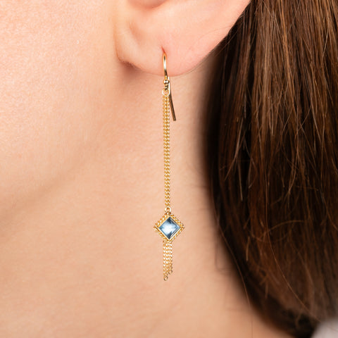 A gold dangle drop earring with textured chains leading to an aquamarine gemstone, shown worn on a person's ear.