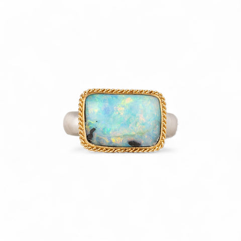 Aurora Boulder Opal Ring in Sterling Silver and 18k Gold