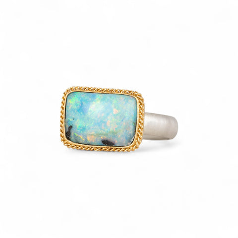 Aurora Boulder Opal Ring in Sterling Silver and 18k Gold