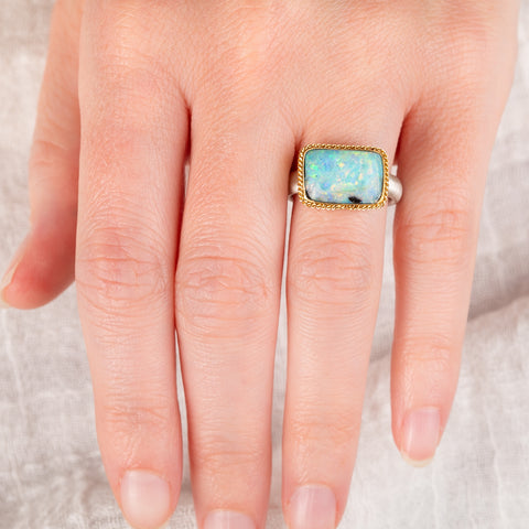 Aurora Boulder Opal Ring in Sterling Silver and 18k Gold