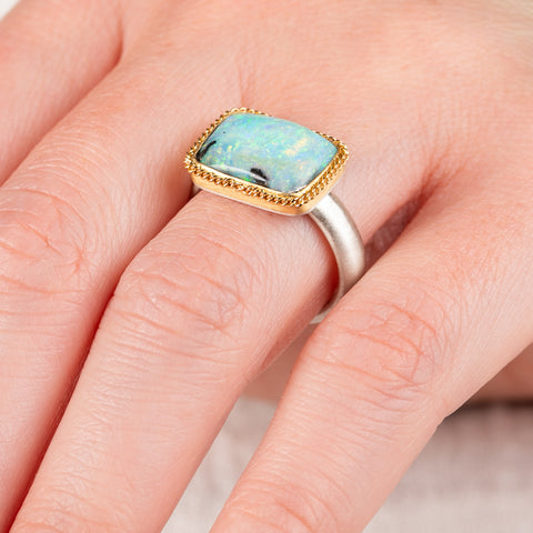 Aurora Boulder Opal Ring in Sterling Silver and 18k Gold
