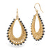 Gold earrings with black diamonds on a white background
