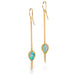 A pair of gold drop earrings with teardrop-shaped iridescent black opal stones, hanging from delicate chains with small dangling accents, shown on a plain white background.