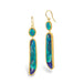 A pair of gold dangle earrings with oval and elongated black opal gemstones, displayed on a clean white background.