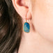 Gold earrings with blue australian opal gemsotnes worn by a person