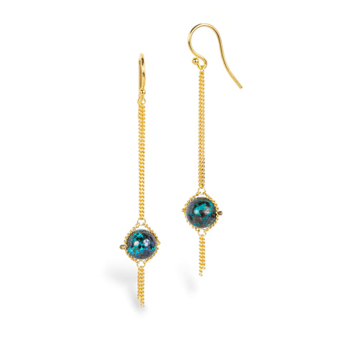 A pair of gold dangle earrings with round iridescent boulder opal stones, shown on a clean white background.