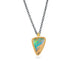 A necklace featuring a boulder opal set in an 18k gold bezel and suspended from an oxidized silver chain, against a white background.