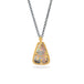 A necklace featuring a boulder opal set in an 18k gold bezel and suspended from an oxidized silver chain, against a white background.