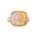 Handmade ring featuring a boulder opal gemstone set in an 18k gold bezel and paired with a sterling silver band, against a white background.