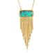 Gold necklace with a boulder opal gemstone pendant draped with a gold tassel on a white background