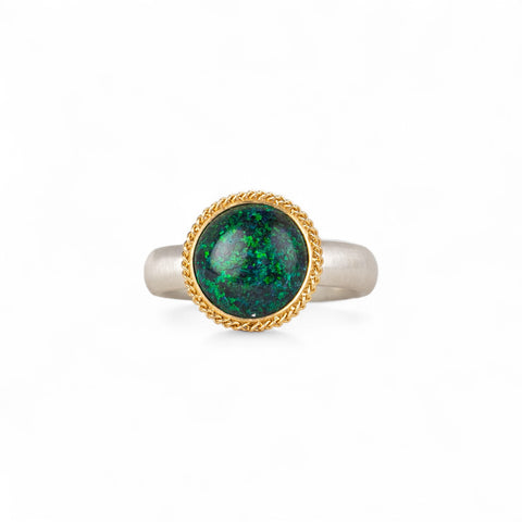Andamooka Opal ring with gold bezel and sterling silver band
