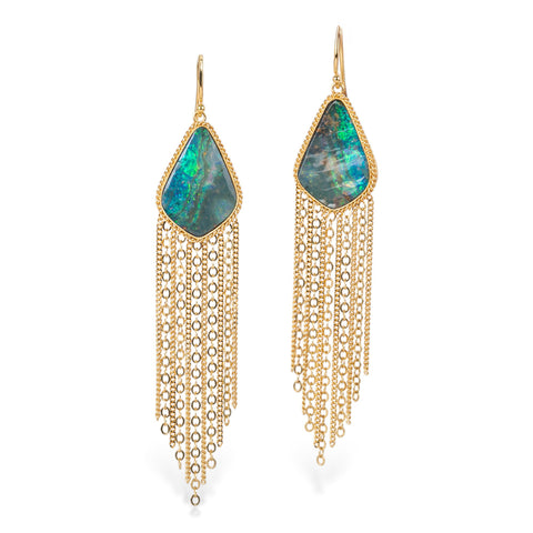 Gold earrings with boulder opal gemstones and chain details on a white background.