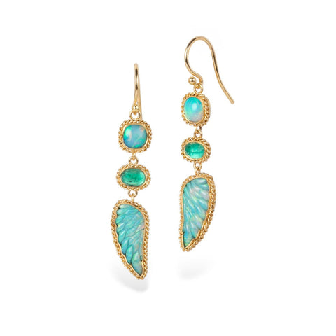 Handmade drop earrings made of 18k yellow gold with Australian crystal opal, emerald and Ethiopian opal gemstones set on a white background.