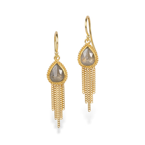 A pair of gold drop earrings with teardrop-shaped diamonds and gold tassels, shown on a clean white background.