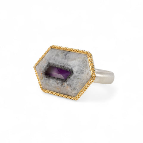 Handmade fine jewelry amethyst gemstone ring set in 18k gold with a sterling silver band
