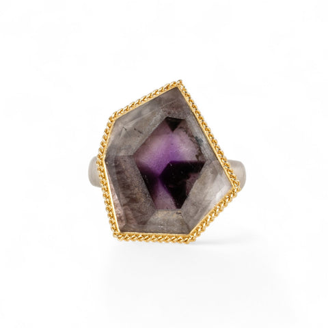 Handmade fine jewelry amethyst gemstone ring set in 18k gold with a sterling silver band