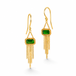 Gold earrings featuring chrome diopside gemstones and gold chain tassels, shown against a white background.