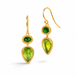 Gold earrings featuring chrome diopside and peridot gemstones, shown against a white background.