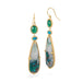 Gold earrings with chrysocolla, emerald and apatite stones on a white background