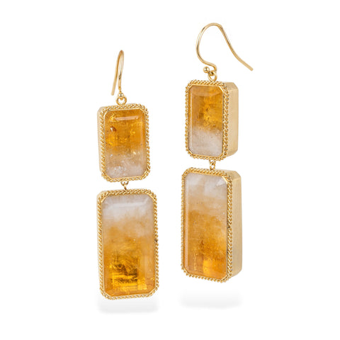Citrine gemstone earrings with 18k gold bezels on white background