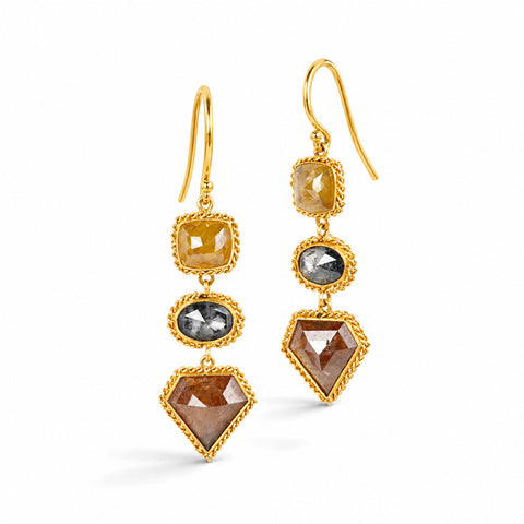 Gold earrings featuring trios of colorful diamonds, shown against a white background.