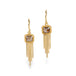 A pair of gold dangle earrings with square diamonds and gold chain tassels, shown on a clean white background.