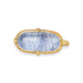 An oval ring featuring a textured light blue dumortierite stone in a yellow gold bezel setting and a matching gold band, shown on a white background.