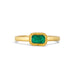 A yellow gold ring featuring a rectangular emerald gemstone in an 18k gold bezel setting, shown on a clean white background.