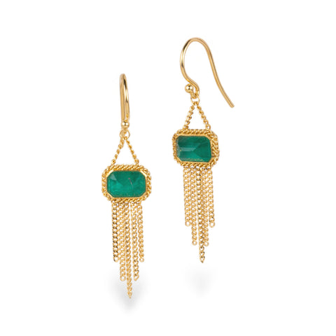 A pair of gold dangle earrings with rectangular emerald gemstones and gold chain fringe, shown on a clean white background.