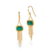 A pair of gold dangle earrings with rectangular emerald gemstones and gold chain fringe, shown on a clean white background.
