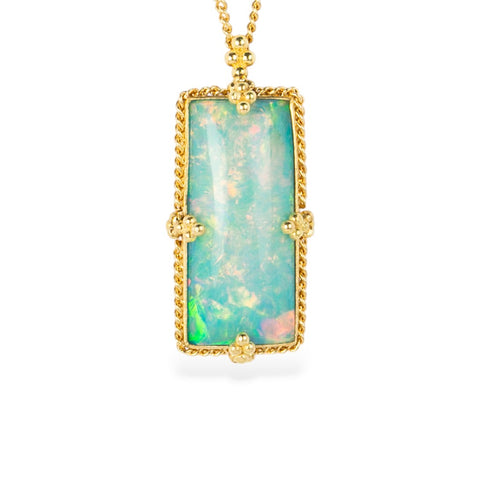 Ethiopian opal pendant necklace with gold frame on a white background