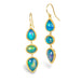 Gold earrings featuring a trio of iridescent Ethiopian opal gemstones, against a white background.