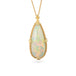 Gold necklace featuring an Ethiopian opal gemstone set in a handcrafted 18k gold bezel and strung from a matching gold chain, against a white background.