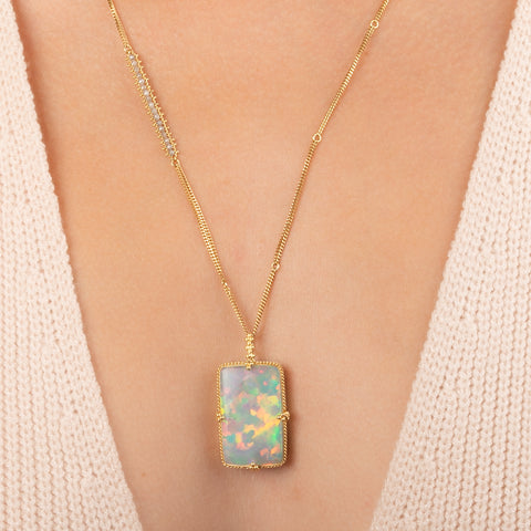 Rectangular Ethiopian Opal Necklace with Silver Diamonds