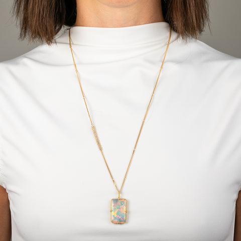 Rectangular Ethiopian Opal Necklace with Silver Diamonds