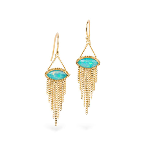 Gold earrings with ethiopian opal stones on a white background
