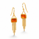 Gold earrings featuring fire opal gemstones and gold chain tassels, shown against a white background.