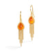 Gold earrings featuring vibrant orange fire opal gemstones, shown against a white background.