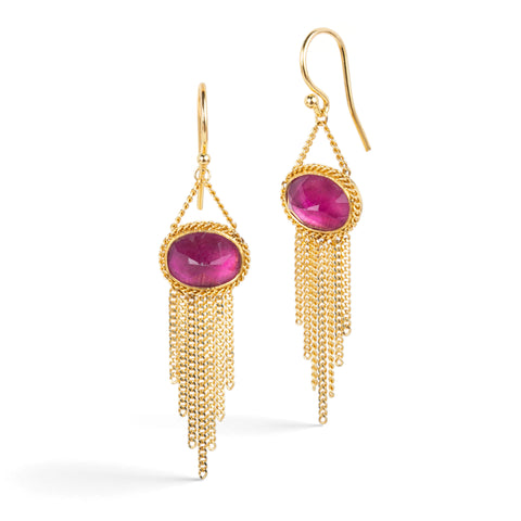 Gold earrings featuring vibrant pink  fluorite gemstones, shown against a white background.
