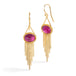 Gold earrings featuring vibrant pink  fluorite gemstones, shown against a white background.
