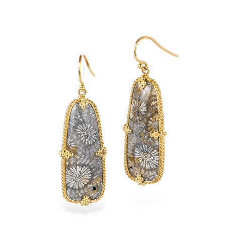 Gold earrings featuring fossilized coral gemstones on white background