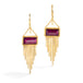 Gold earrings featuring rhodolite garnet gemstones, shown against a white background.
