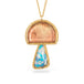 Gold pendant with a mushroom design combining a tourmaline stone with a boulder opal stone on a white background