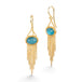 Gold earrings featuring paraiba kyanite gemstones and gold chain tassels, shown against a white background.
