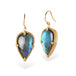 Gold-framed Labradorite teardrop earrings on a white background